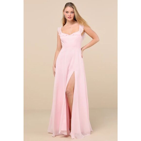 Lulus Dreamy Admiration Light Pink Ruffled Maxi Dress Size L NWT - Picture 1 of 9